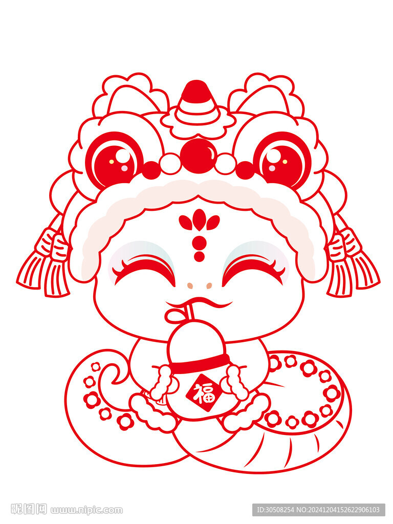 手绘图片快乐蛇舞狮子线稿