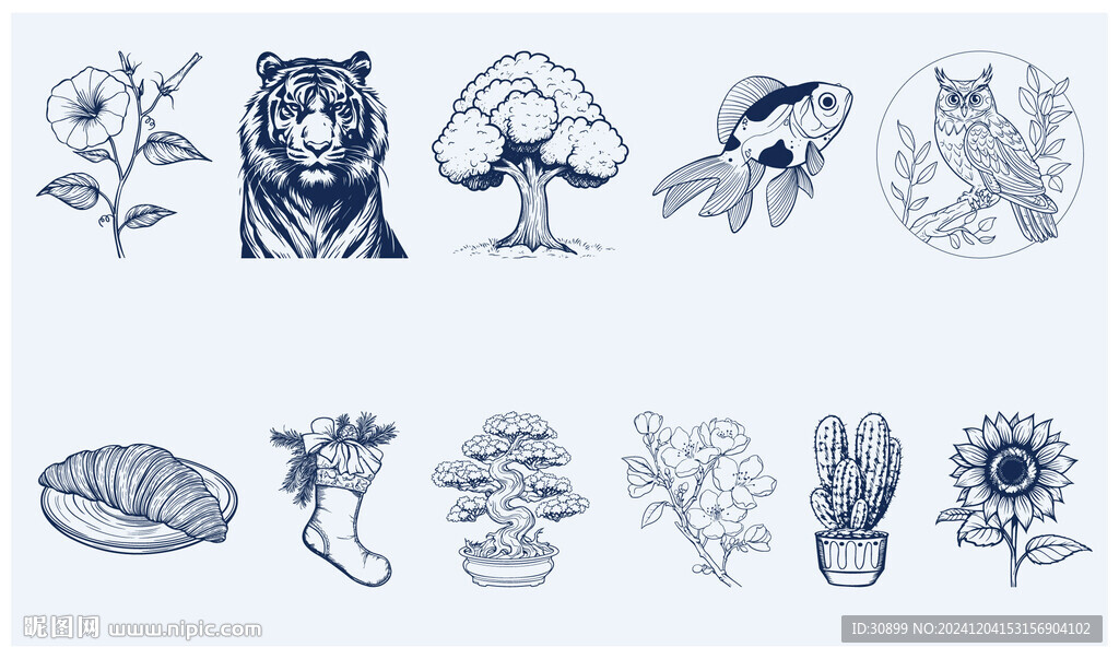 矢量线性线描老虎向日葵金鱼