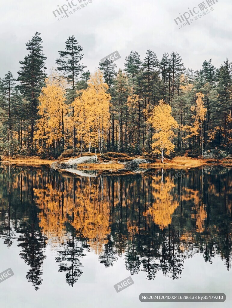秋天湖边森林倒影
