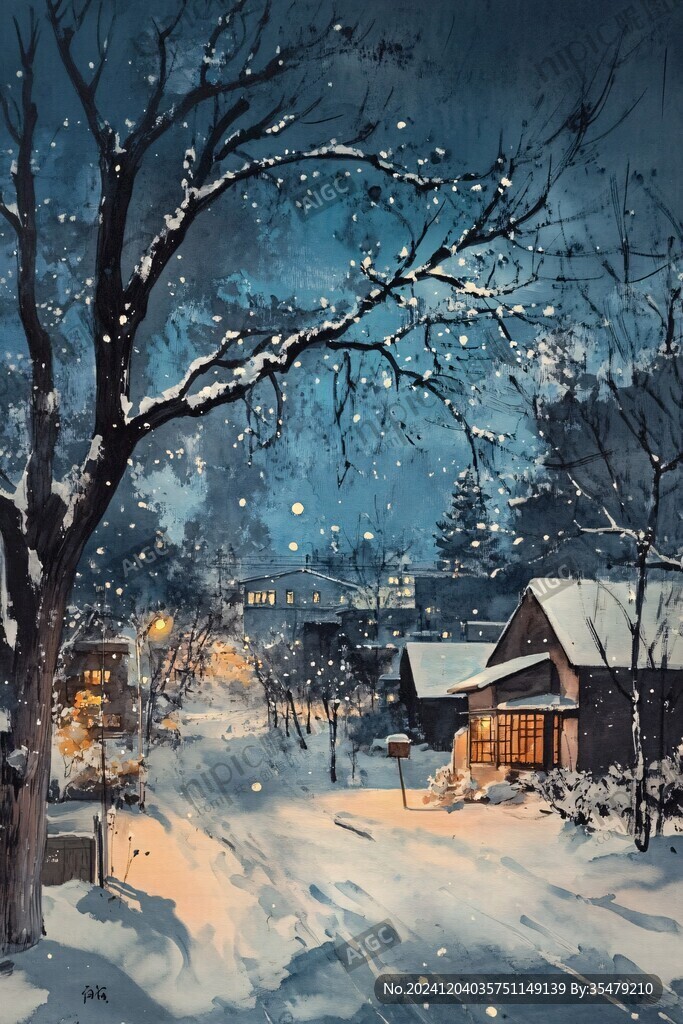 手绘雪夜风景无框画