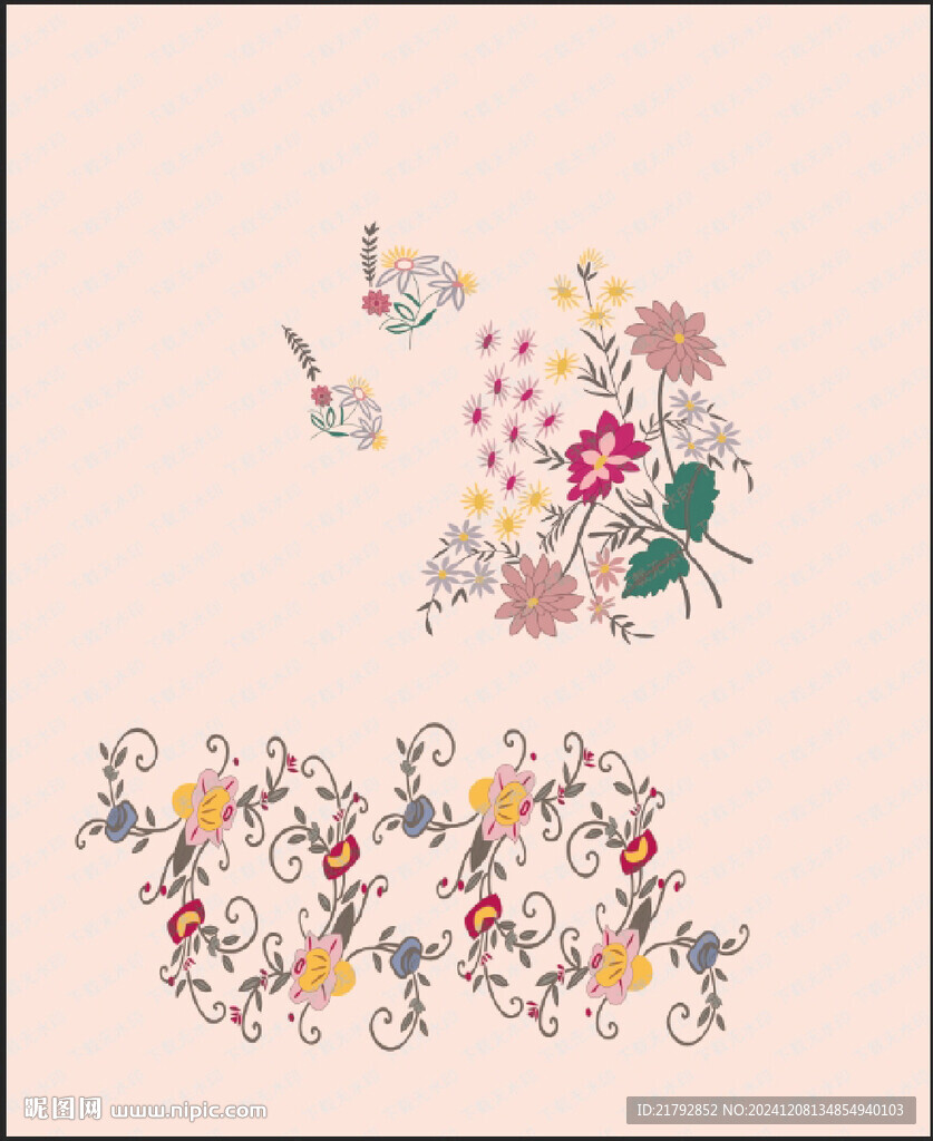 手绘定位花 数码印花
