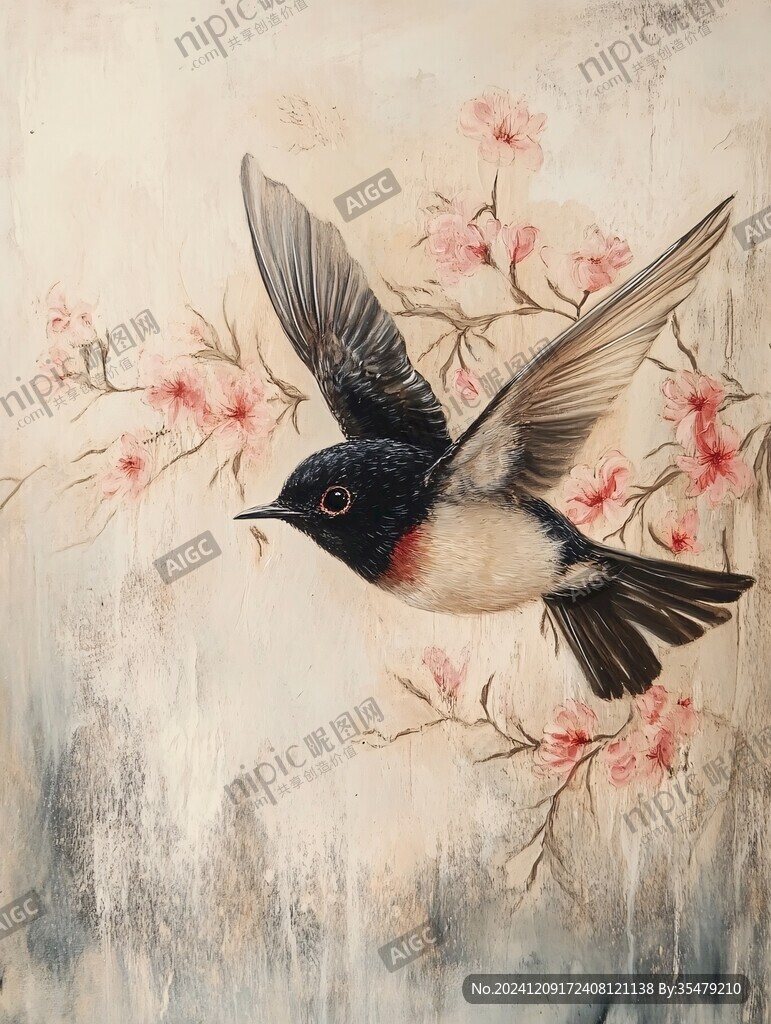 桃花小鸟装饰画