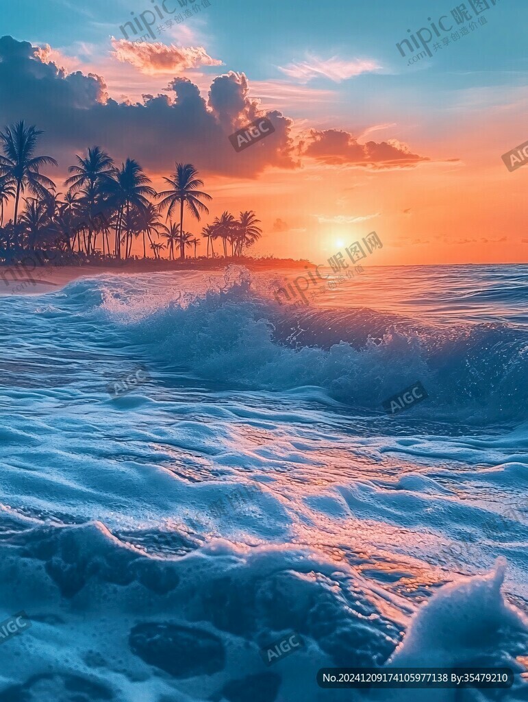 蓝天晚霞大海椰树