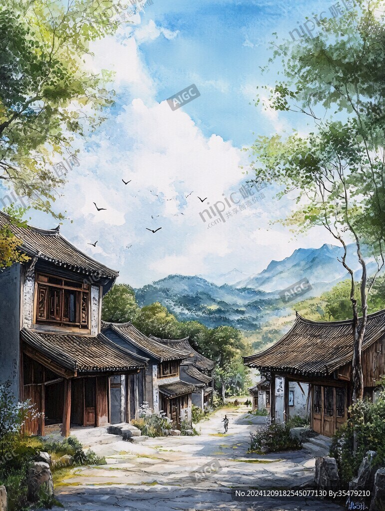 写实古镇插画