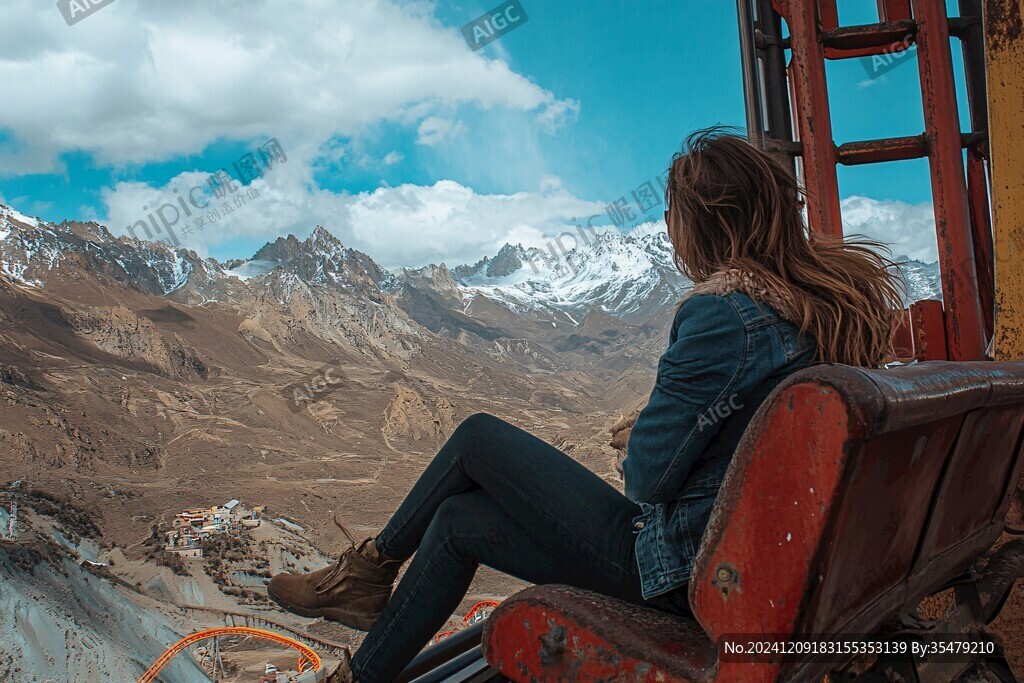 美女遥看雪山