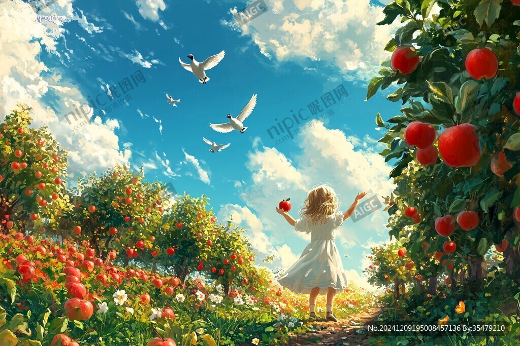 小女孩摘苹果插画