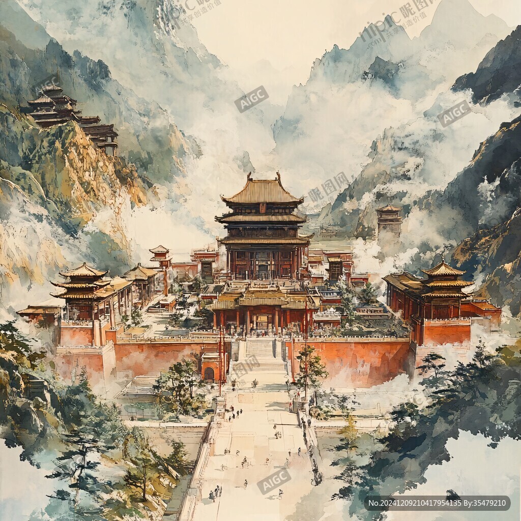 插画横店水彩水墨山水