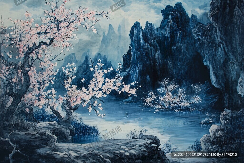 桃花风景油画