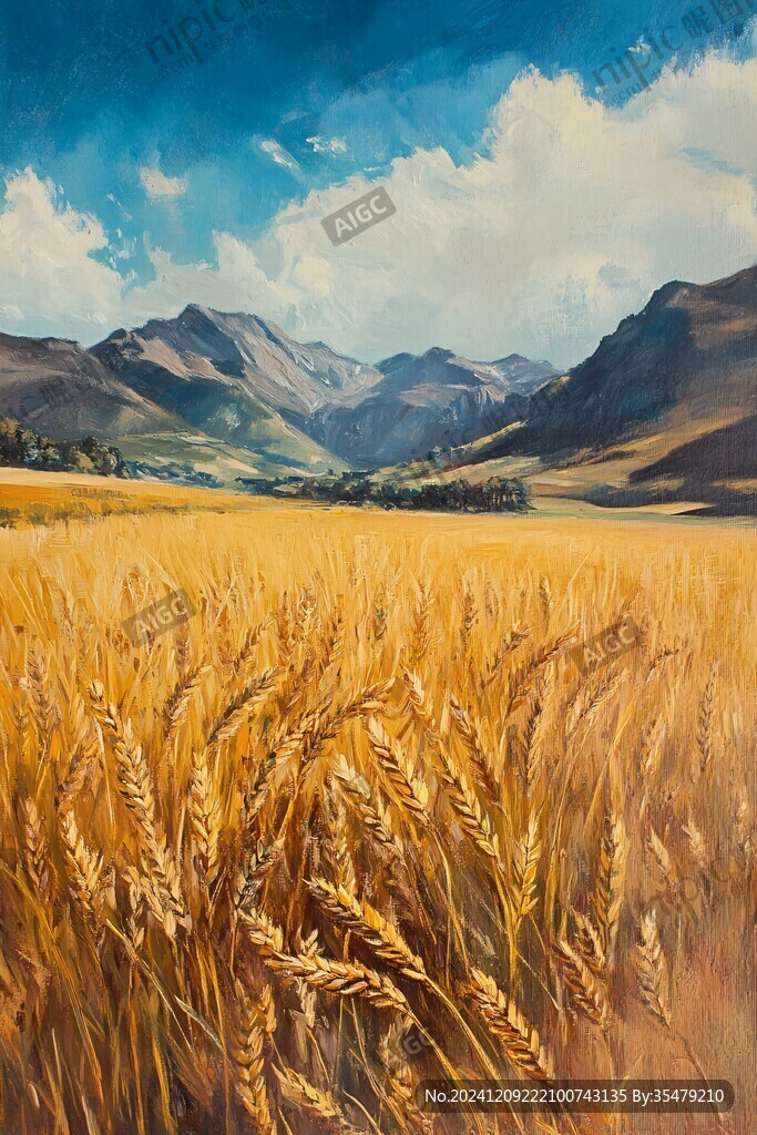 油画金黄色麦田