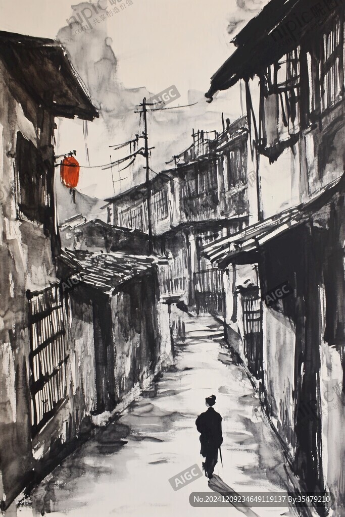 水粉画古街巷