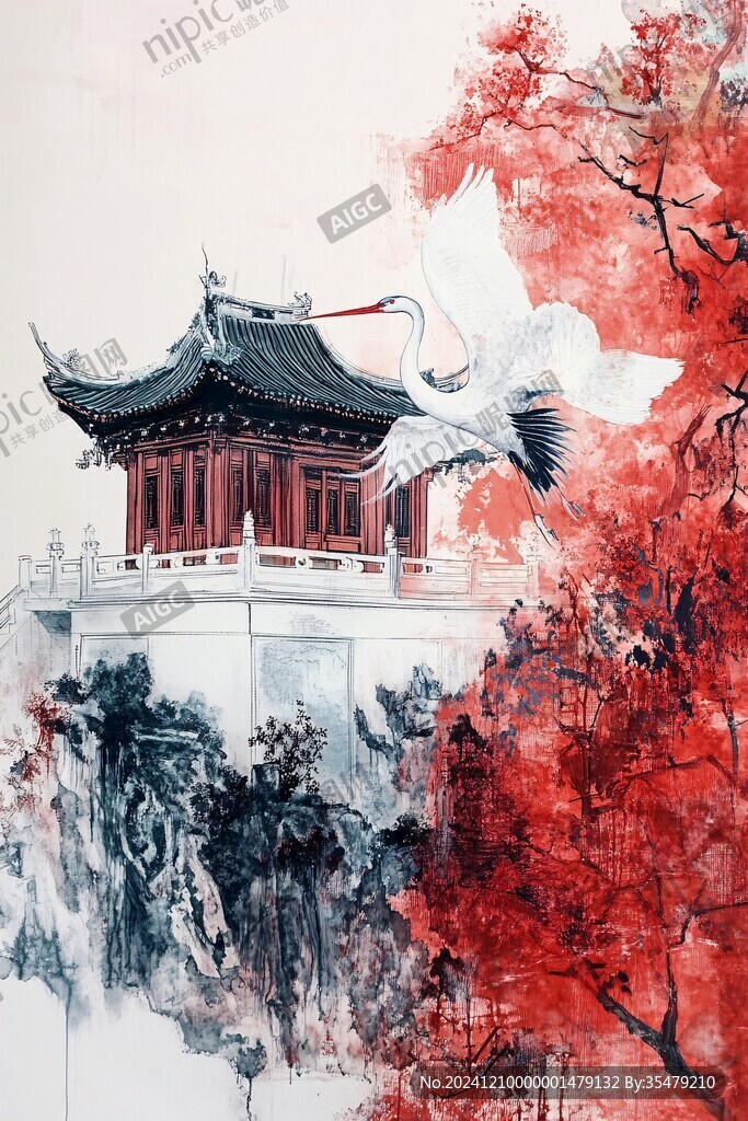 新中式楼阁刺绣瑞鹤图