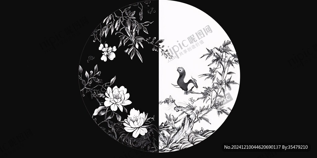 新中式圆形花鸟画