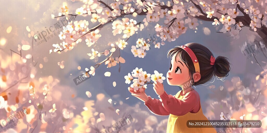 春天桃花女孩插画
