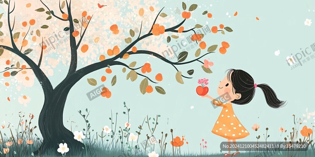 小女孩摘苹果插画