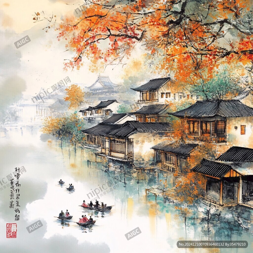秋意江南水墨画