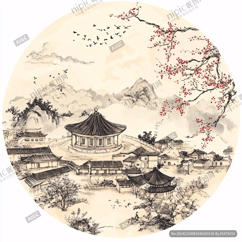 工笔楼阁亭台圆形框画