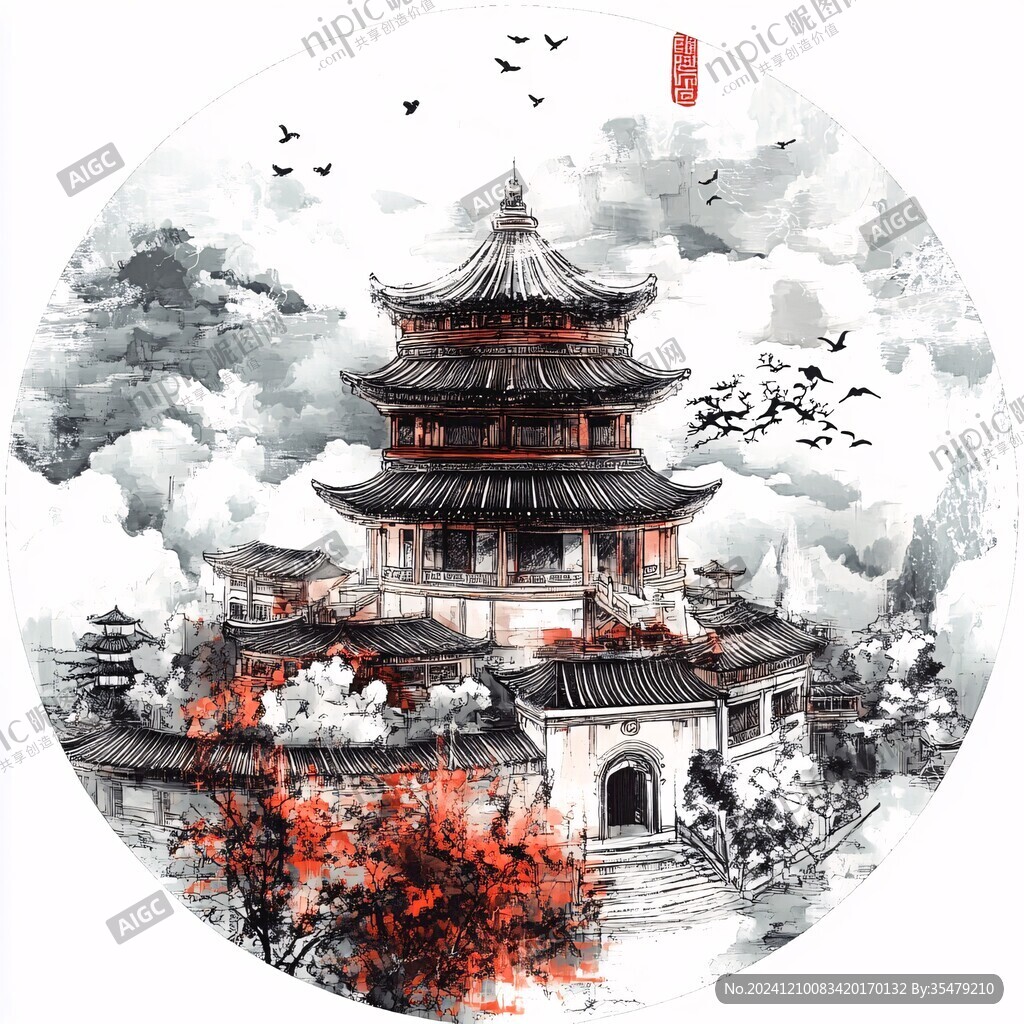 工笔楼阁亭台圆形框画