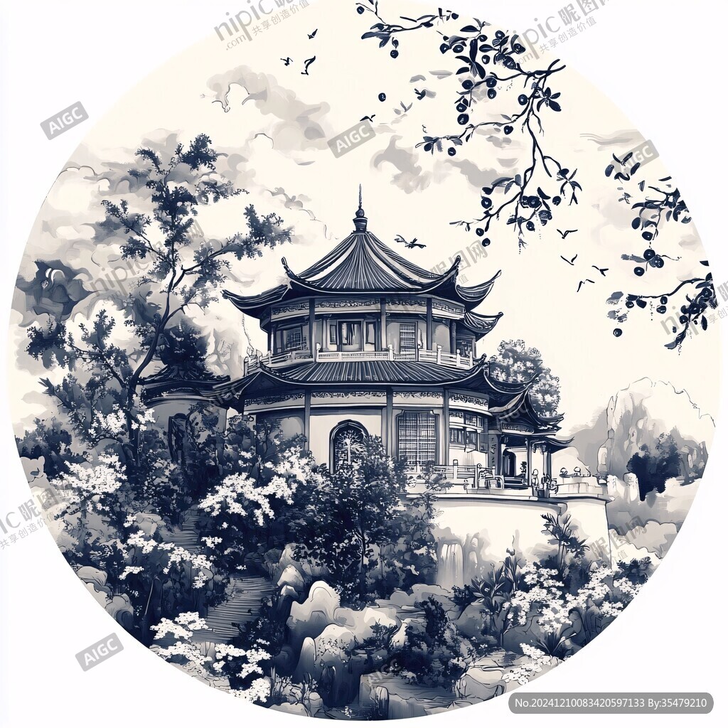 工笔楼阁亭台圆形框画