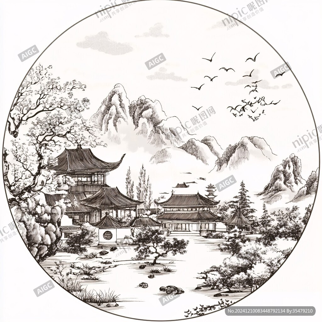 工笔楼阁亭台圆形框画