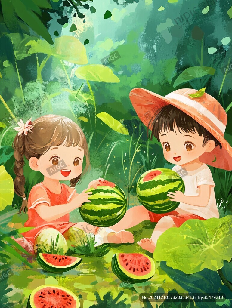 吃西瓜插画