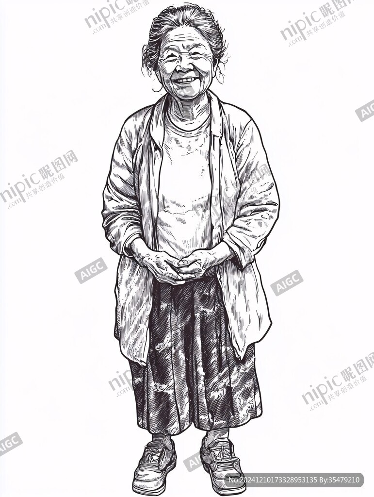 扎着麻花辨的村姑线稿