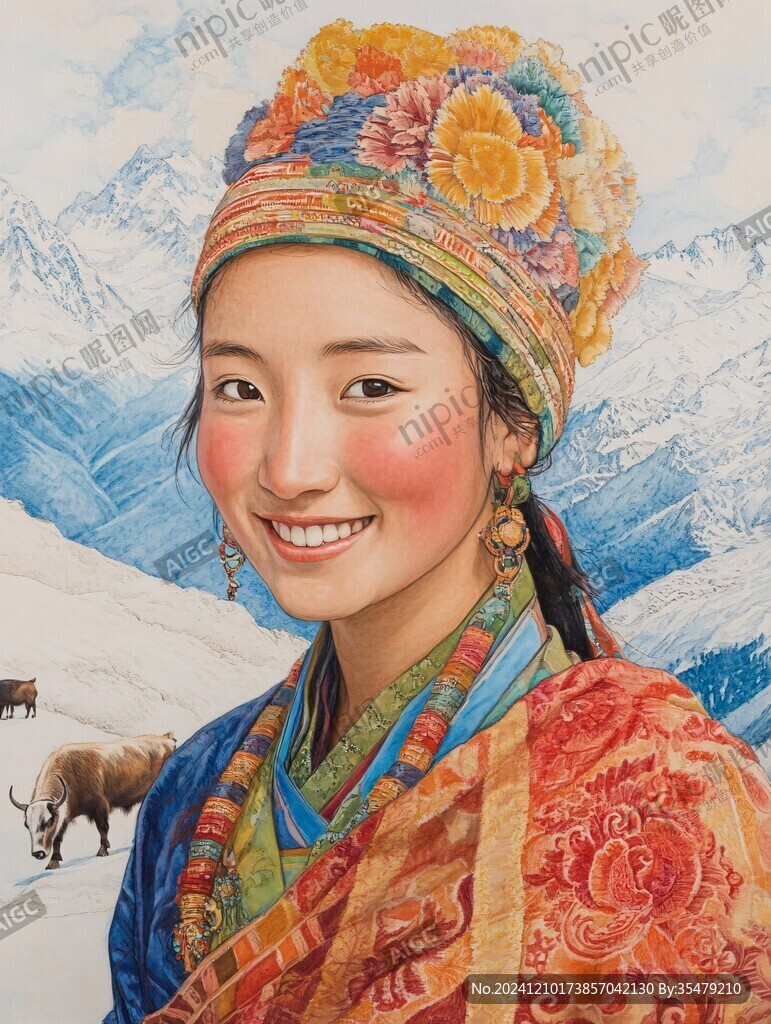 手绘门巴族少女
