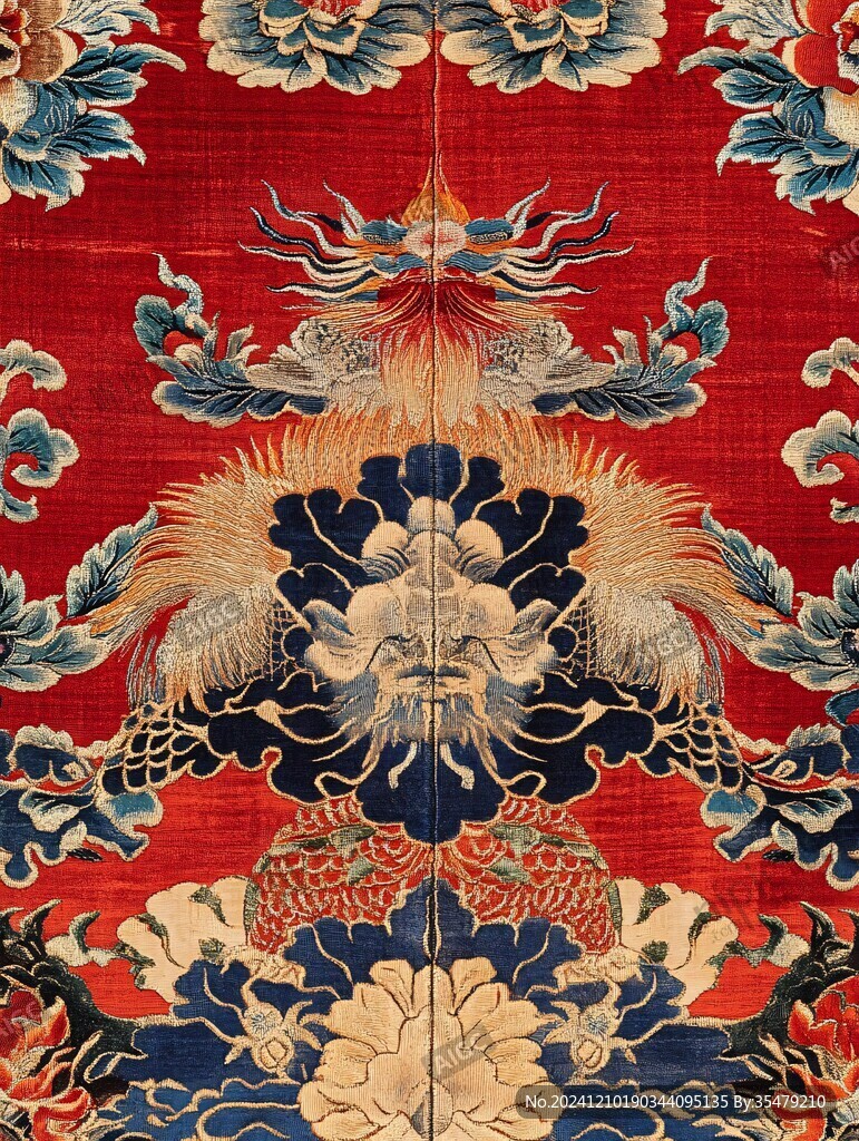 红色缎绣凤戏牡丹纹