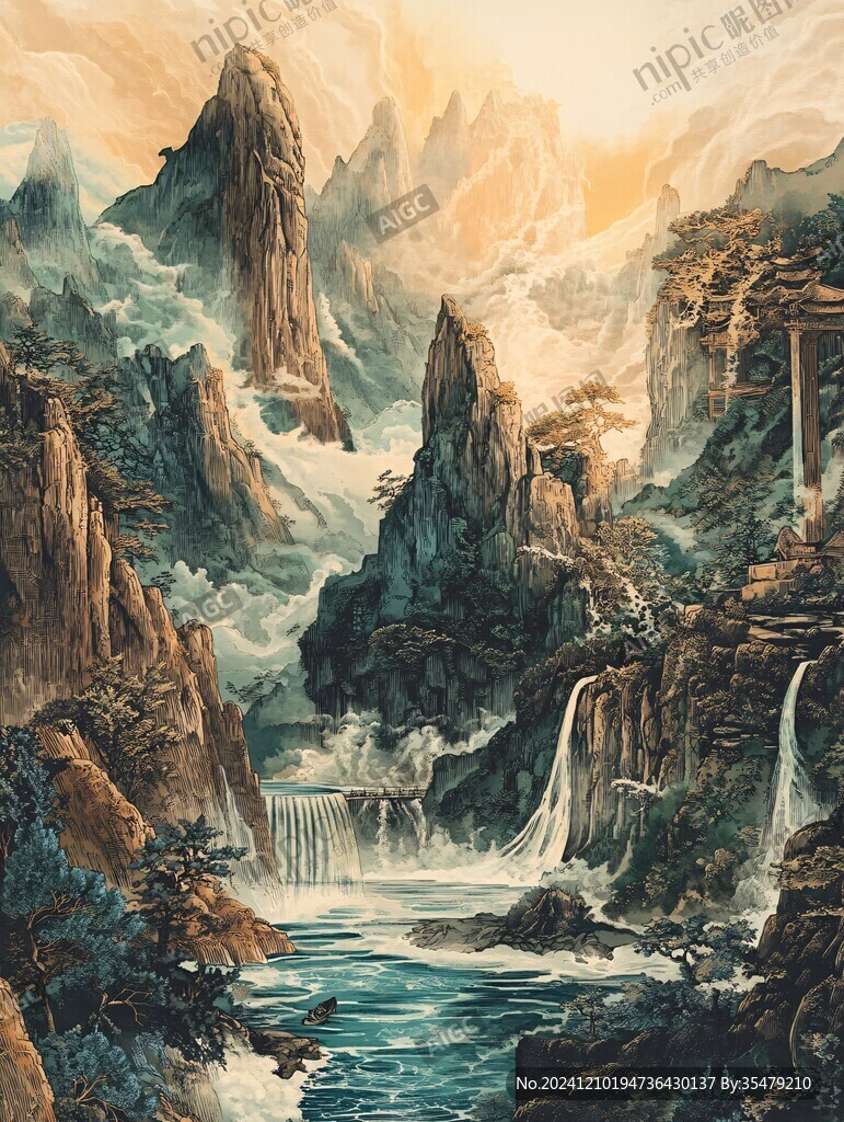 山水风景油画瀑布