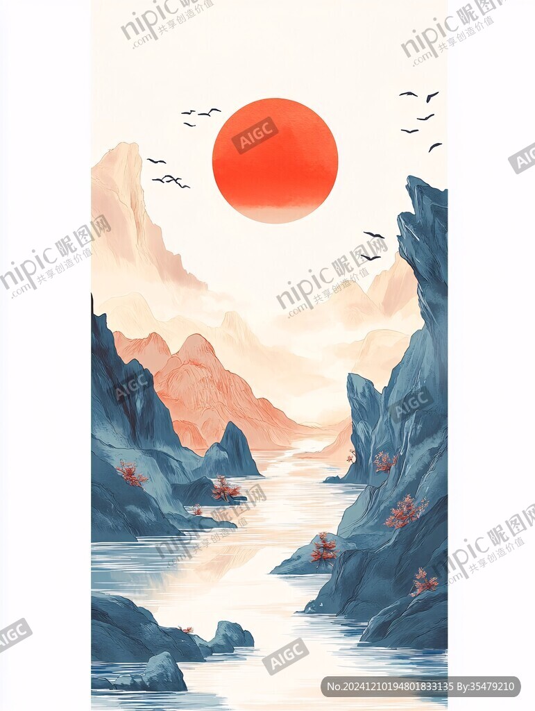 红日水墨山水