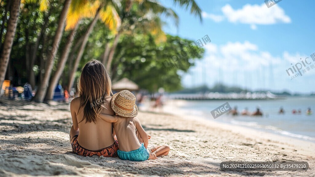 海边玩耍的小女孩背影