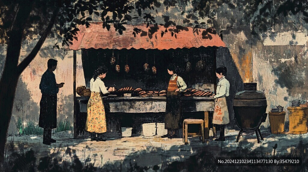 小吃摊版画