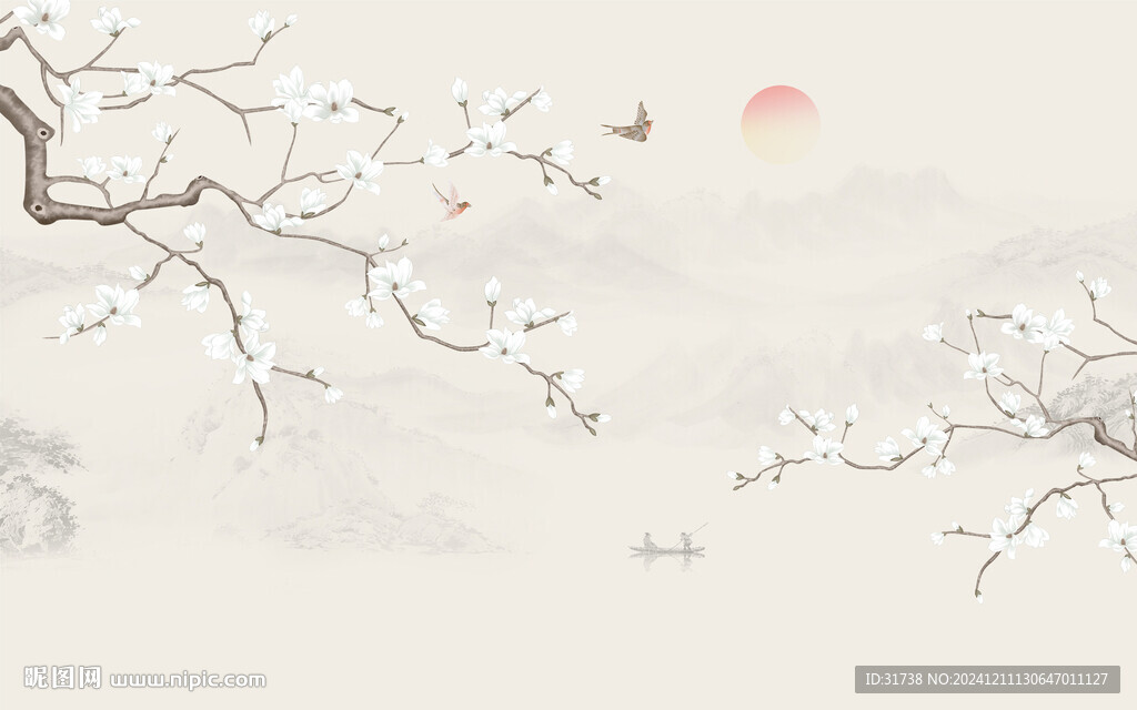 新中式山水工笔花鸟画背景墙
