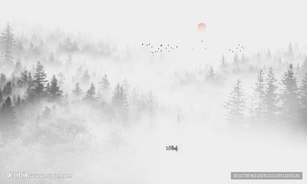森林意境水墨山水画电视背景墙