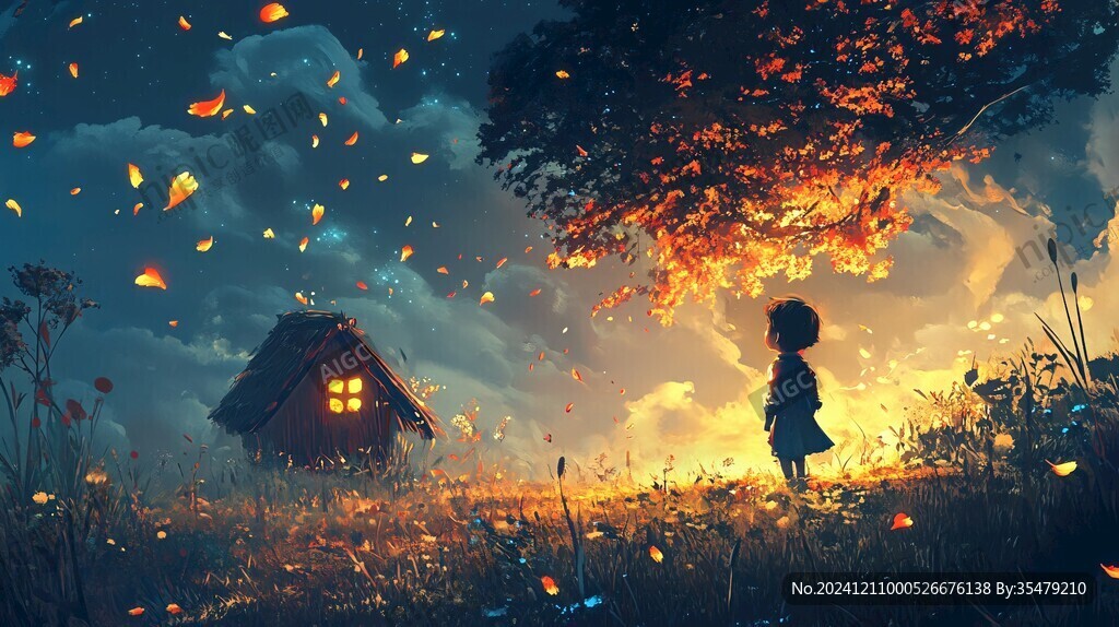 插画夕阳下