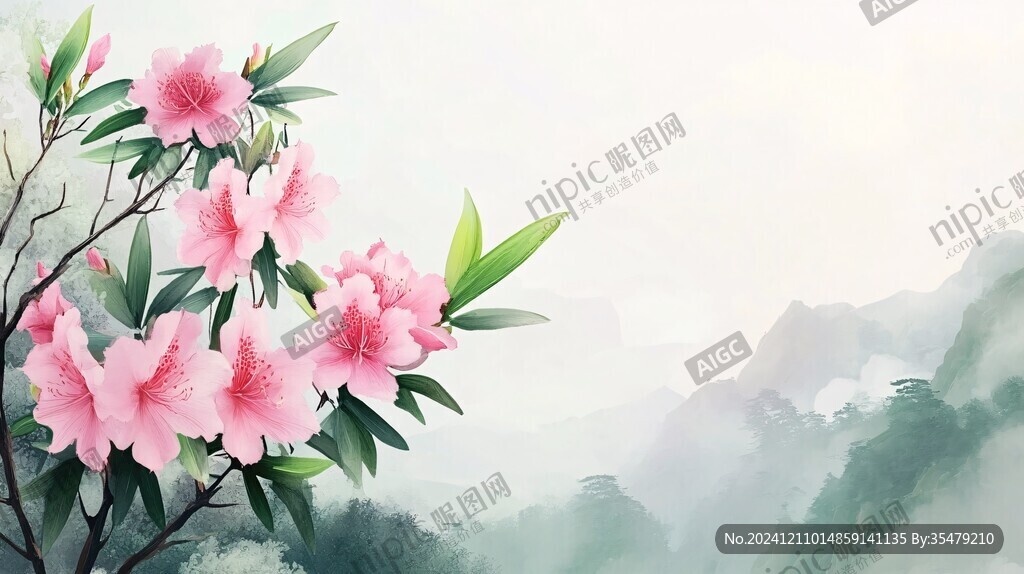 禅意山水手绘花卉