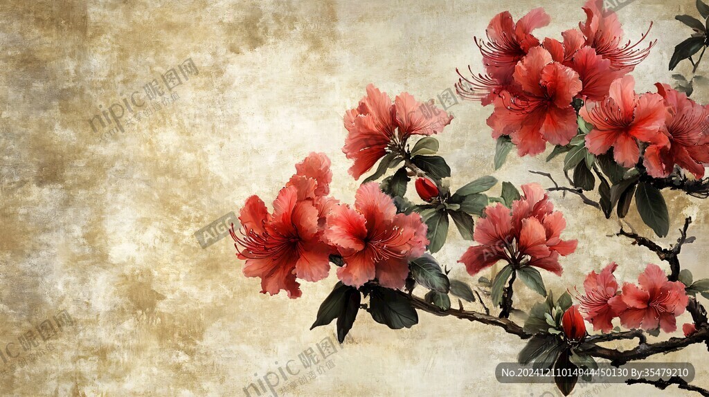 中式杜鹃花壁画