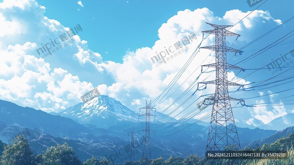 蓝天白云高山电线塔