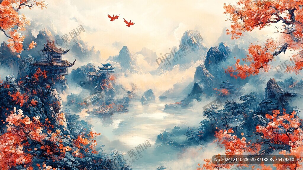 仙鹤楼阁古风山水画