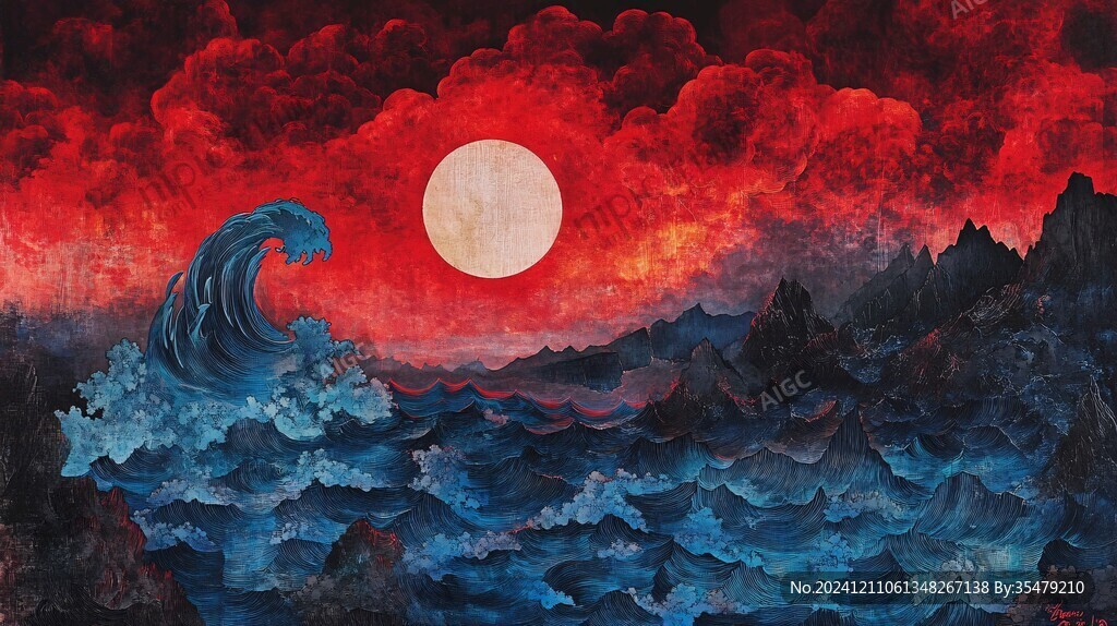 手绘海浪旭日东升