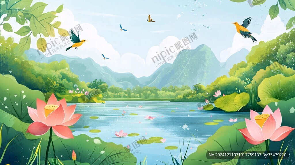 夏天荷塘插画