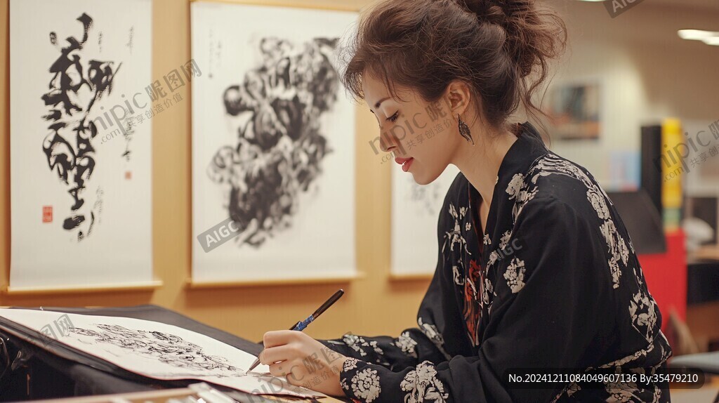美女毛笔书法
