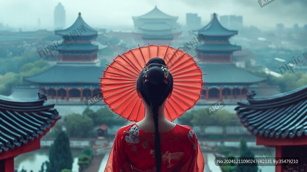 撑伞红衣背影