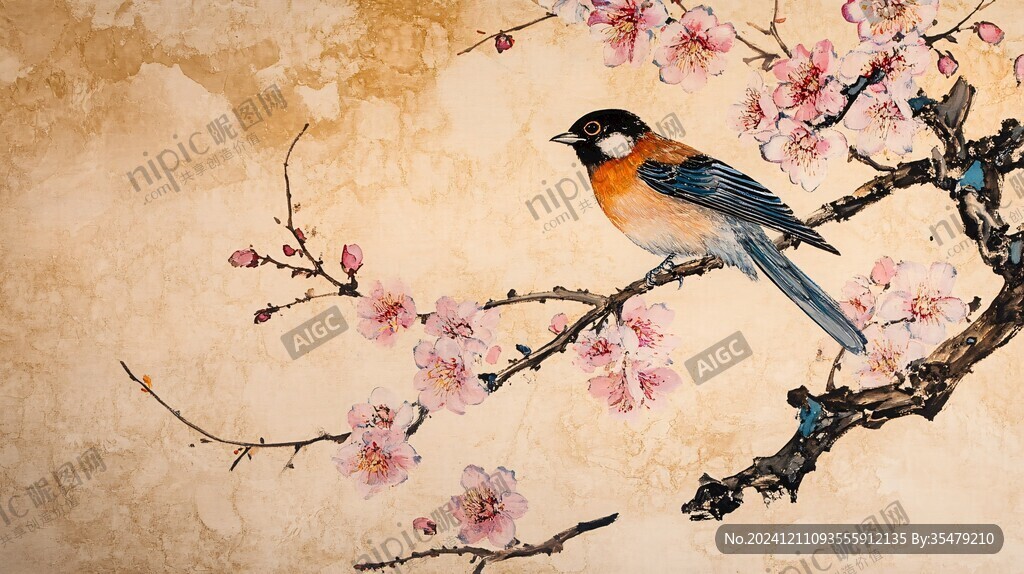 手绘梅花花鸟壁画