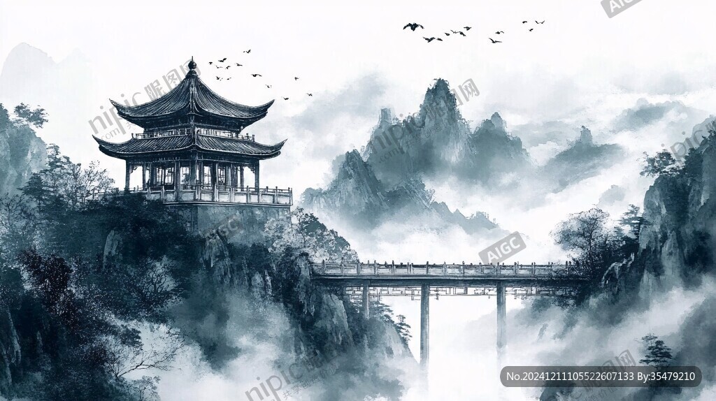 楼阁山水意境画