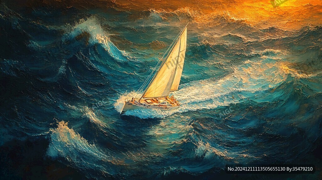 扬帆踏浪油画