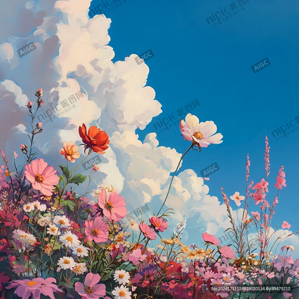 蓝天白云鲜花油画