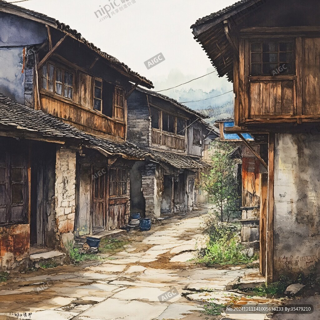 当口古镇水彩画