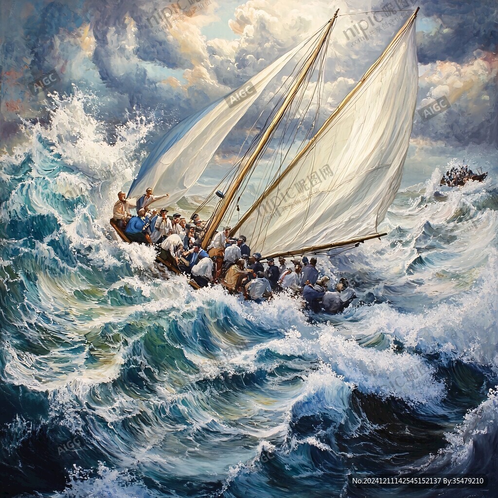 扬帆踏浪油画