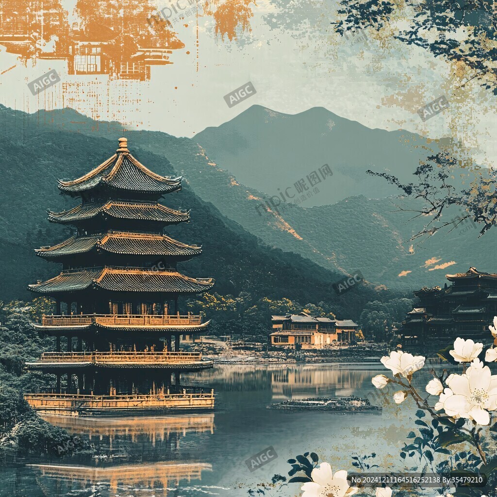 新中式楼阁皇宫山水