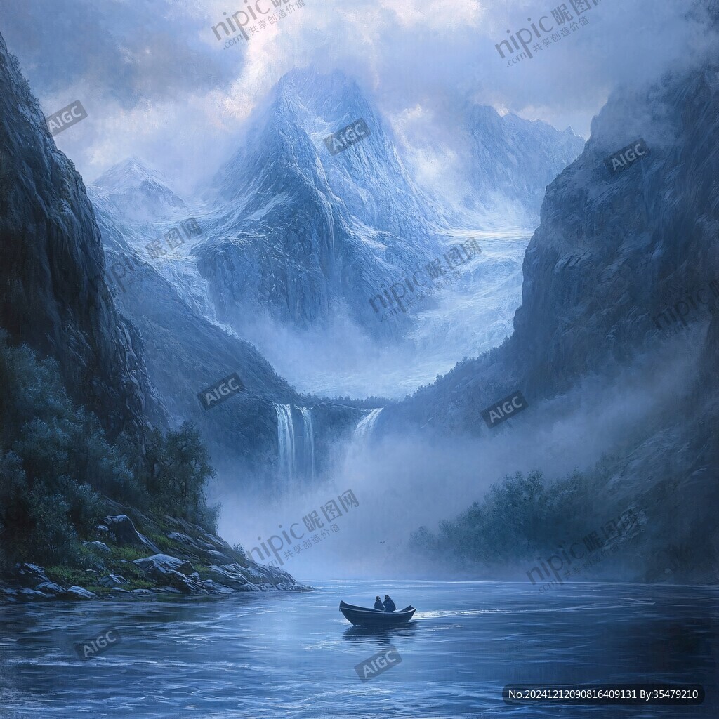 山水风景油画瀑布